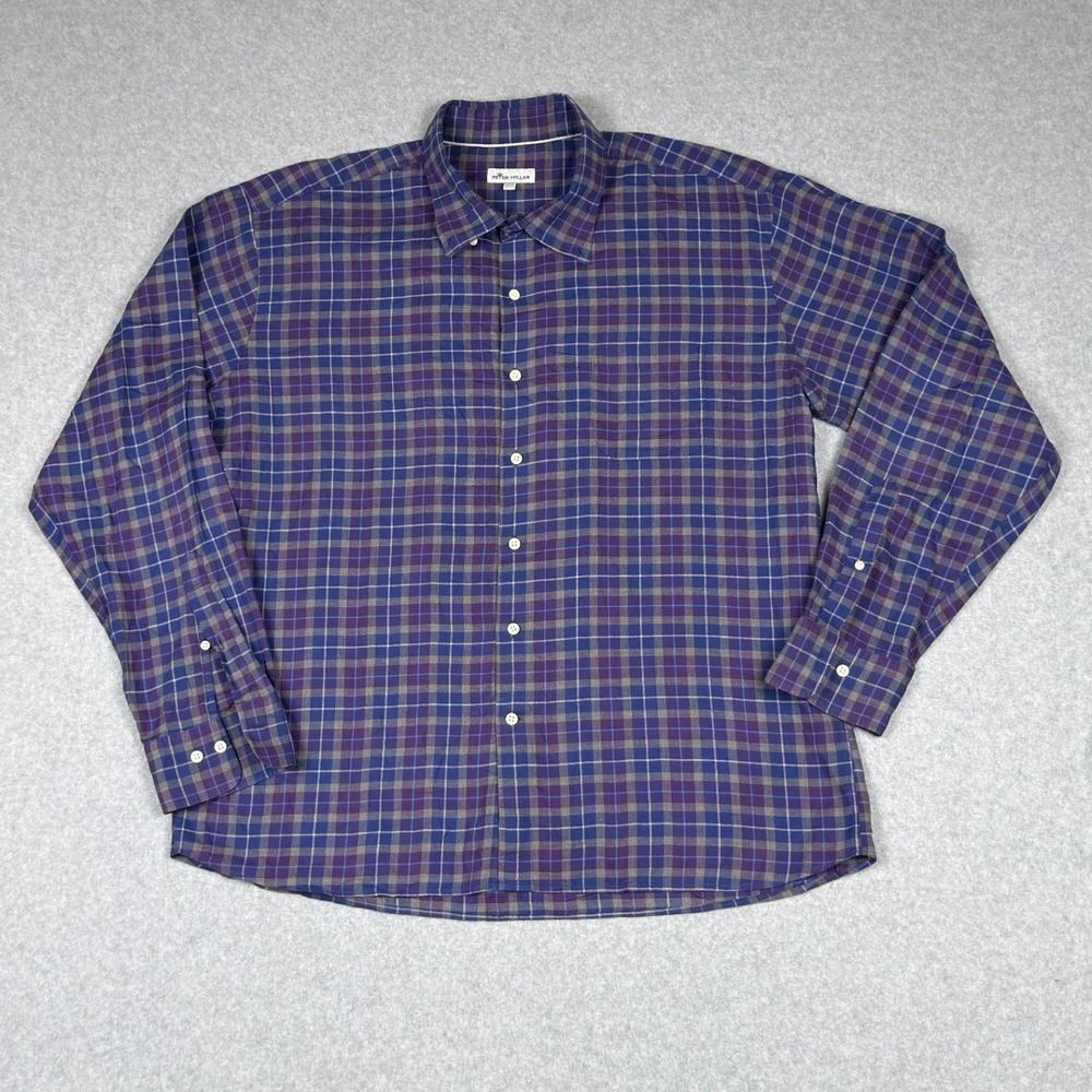 Peter Millar Mens XXL Purple Blue Plaid Button Down Long Sleeve Shirt